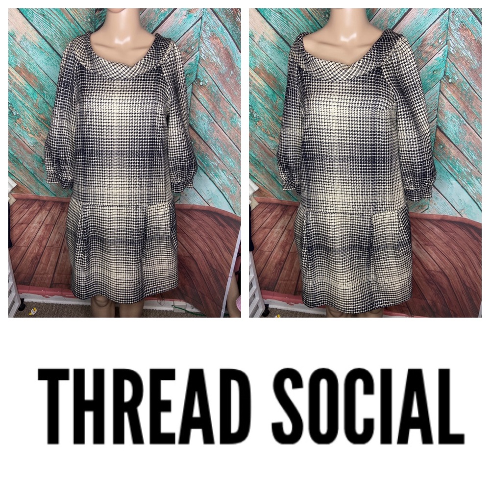 Thread Social Plaid Drop Waist Off The Shoulder Puff Sleeve Dress